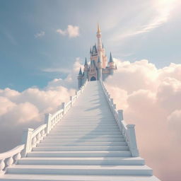 An enchanting, seemingly endless long stairway leading up to a magnificent castle in the clouds, evoking a heavenly atmosphere