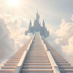 An enchanting, seemingly endless long stairway leading up to a magnificent castle in the clouds, evoking a heavenly atmosphere