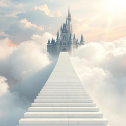 An enchanting, seemingly endless long stairway leading up to a magnificent castle in the clouds, evoking a heavenly atmosphere