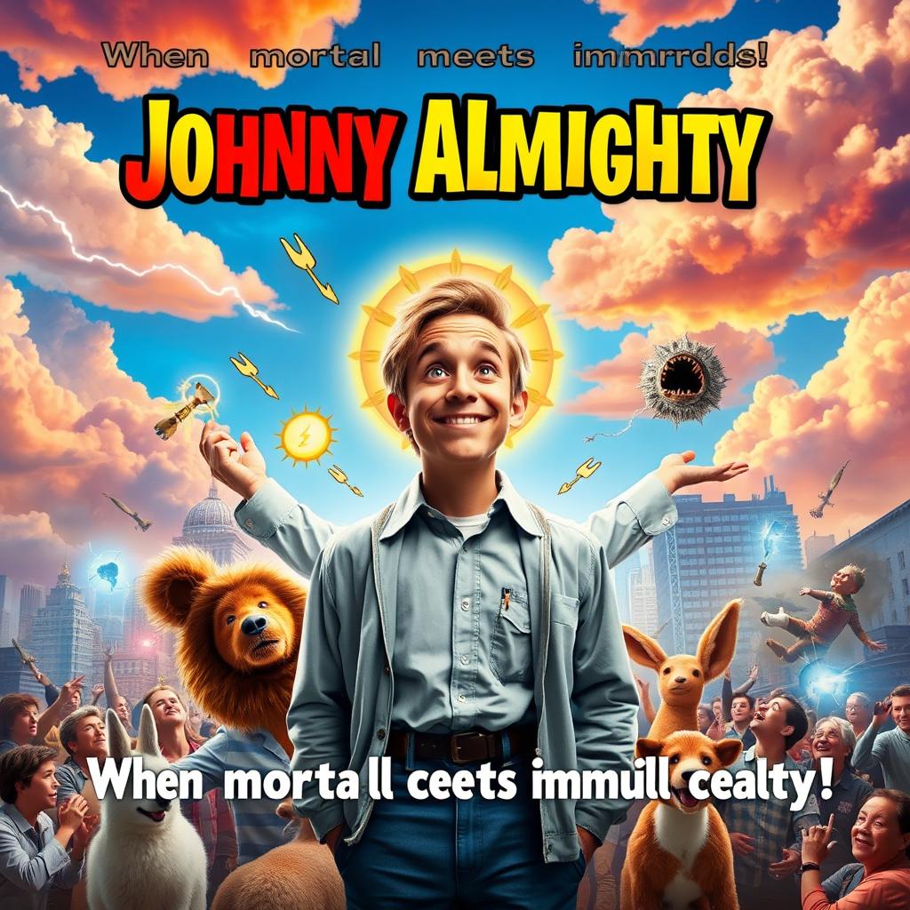 A vibrant movie poster for a comedy film titled 'Johnny Almighty'