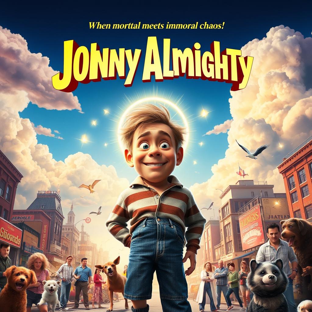 A vibrant movie poster for a comedy film titled 'Johnny Almighty'