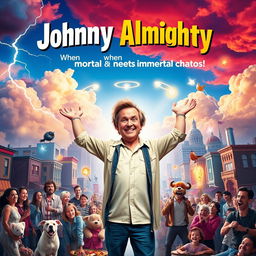 A vibrant movie poster for a comedy film titled 'Johnny Almighty'