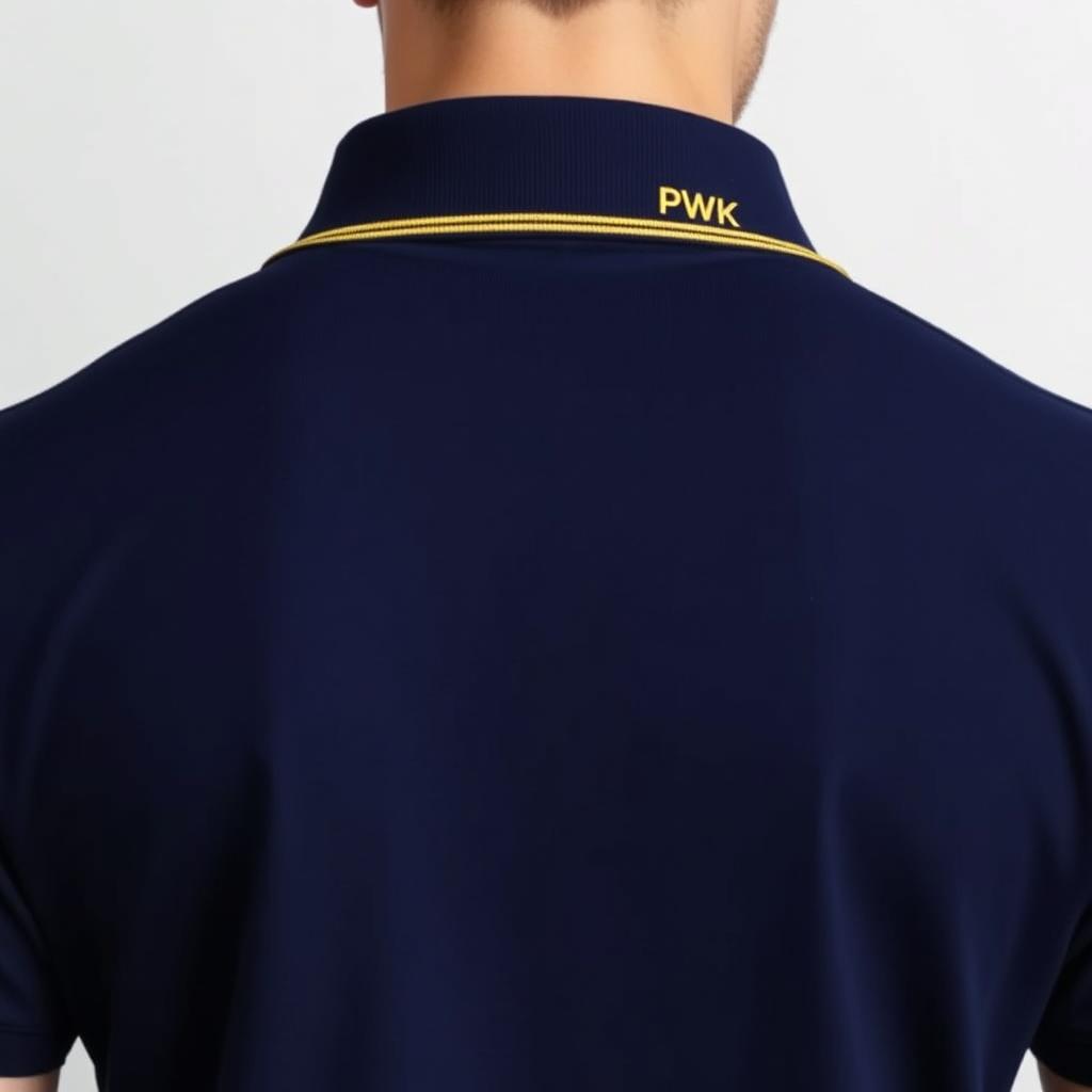 The image showcases the back of a navy polo shirt, featuring a subtle yellow stripe on the collar