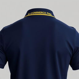 The image showcases the back of a navy polo shirt, featuring a subtle yellow stripe on the collar