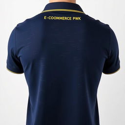 The image showcases the back of a navy polo shirt, featuring a subtle yellow stripe on the collar