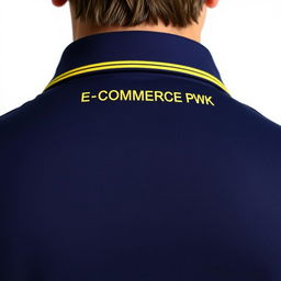 The image showcases the back of a navy polo shirt, featuring a subtle yellow stripe on the collar