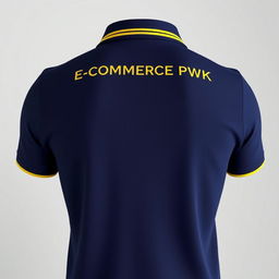 The image displays the back view of a navy polo shirt, with an eye-catching yellow stripe on the collar