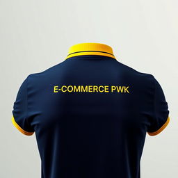 The image displays the back view of a navy polo shirt, with an eye-catching yellow stripe on the collar