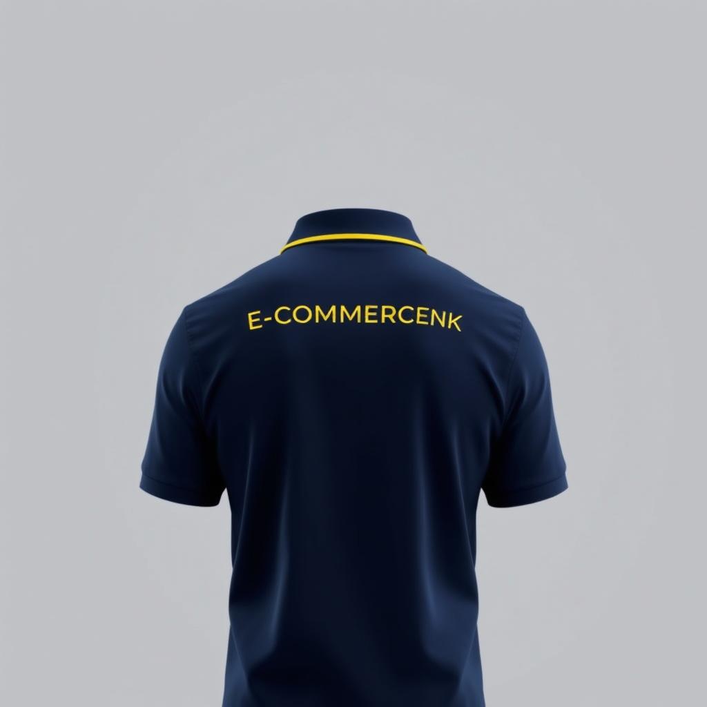 The image displays the back view of a navy polo shirt, with an eye-catching yellow stripe on the collar