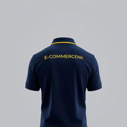 The image displays the back view of a navy polo shirt, with an eye-catching yellow stripe on the collar