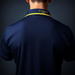 The image displays the back view of a navy polo shirt, with an eye-catching yellow stripe on the collar