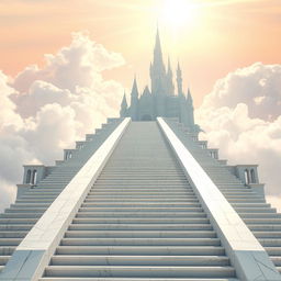 An enchanting, long stairway with precisely 6236 steps leading up to a magnificent castle in the clouds, evoking a heavenly atmosphere