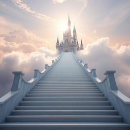 An enchanting, long stairway with precisely 6236 steps leading up to a magnificent castle in the clouds, evoking a heavenly atmosphere