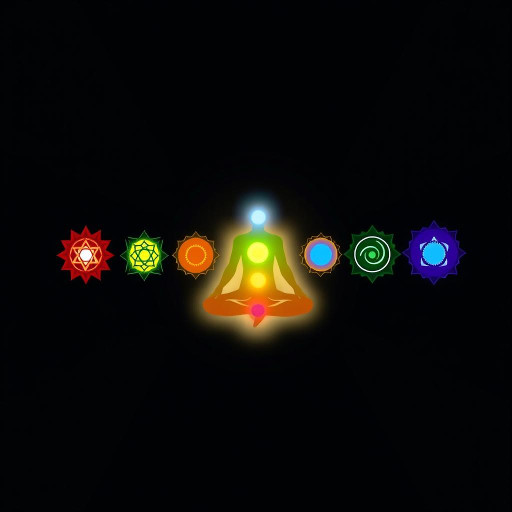 A visually captivating depiction of the seven chakras, each represented by a vibrant symbol and corresponding color