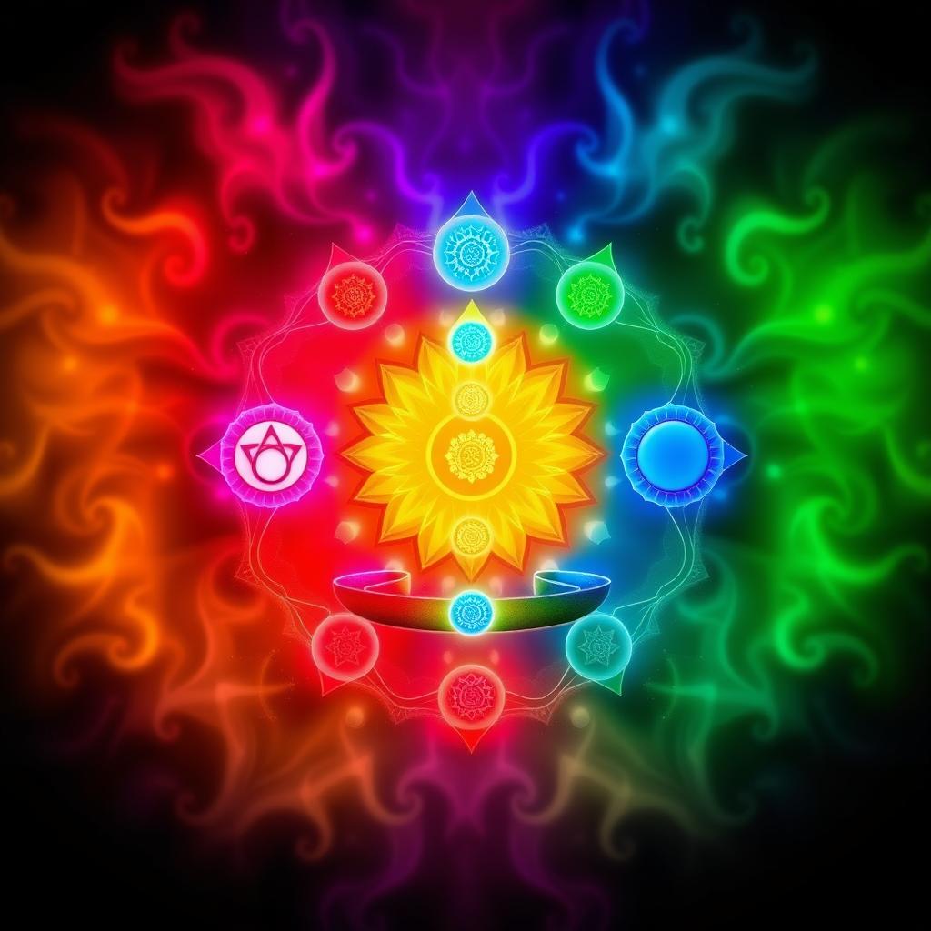 A visually captivating depiction of the seven chakras, each represented by a vibrant symbol and corresponding color