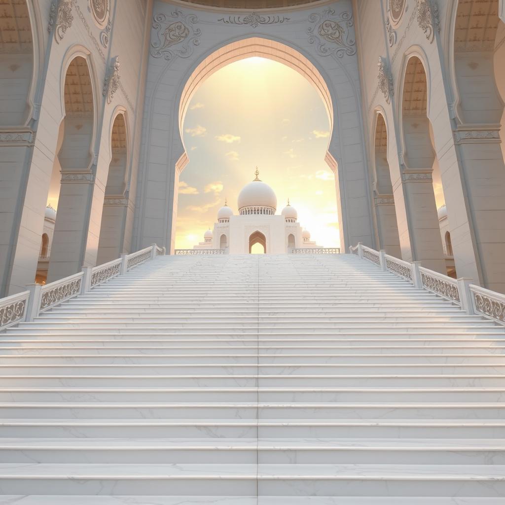 A majestic, long stairway leading towards a heavenly paradise, inspired by Islamic interpretations of heaven