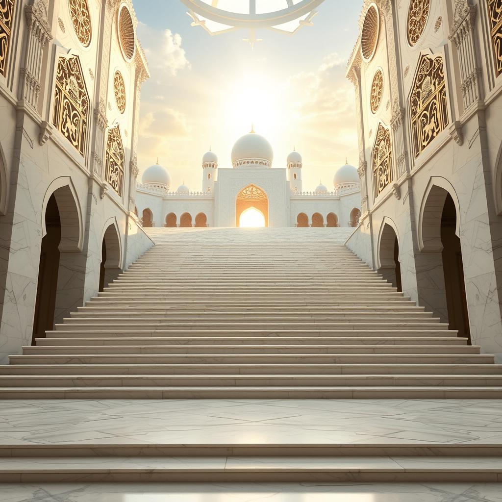 A majestic, long stairway leading towards a heavenly paradise, inspired by Islamic interpretations of heaven