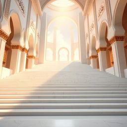 A majestic, long stairway leading towards a heavenly paradise, inspired by Islamic interpretations of heaven