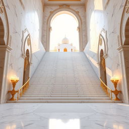 A majestic, long stairway leading towards a heavenly paradise, inspired by Islamic interpretations of heaven