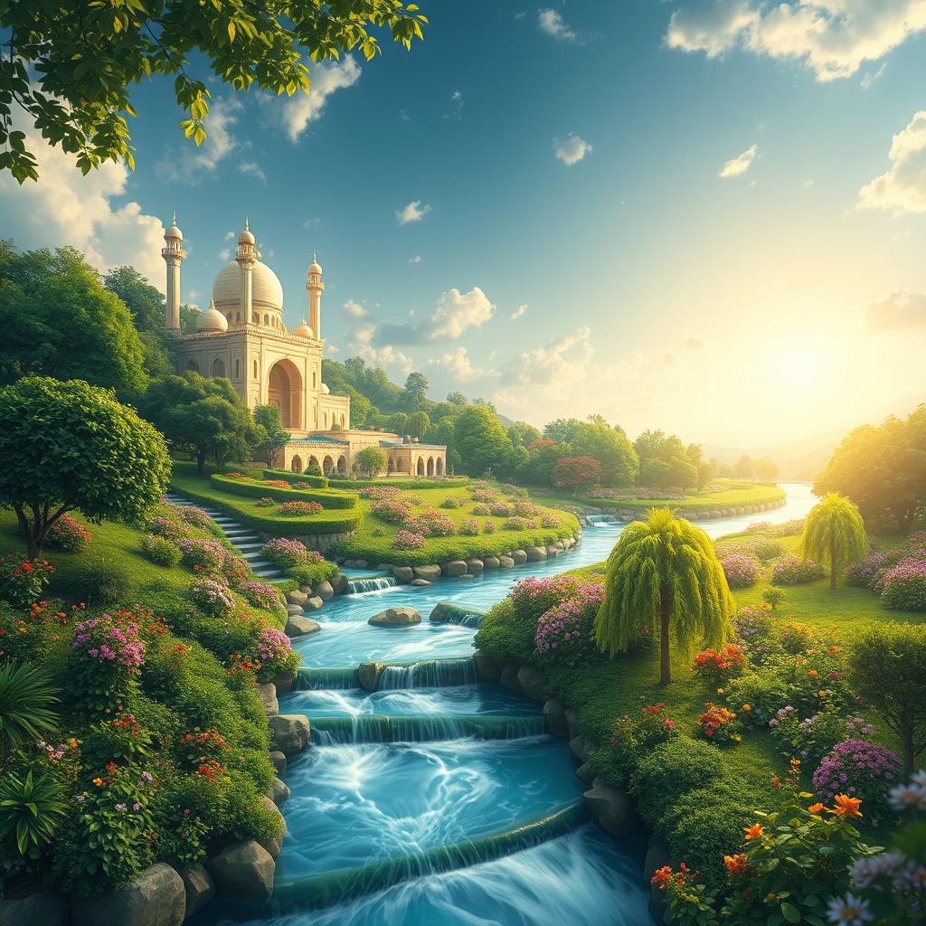 A serene and beautiful depiction of heaven according to Islamic beliefs, featuring lush gardens with flowing rivers