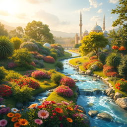 A serene and beautiful depiction of heaven according to Islamic beliefs, featuring lush gardens with flowing rivers