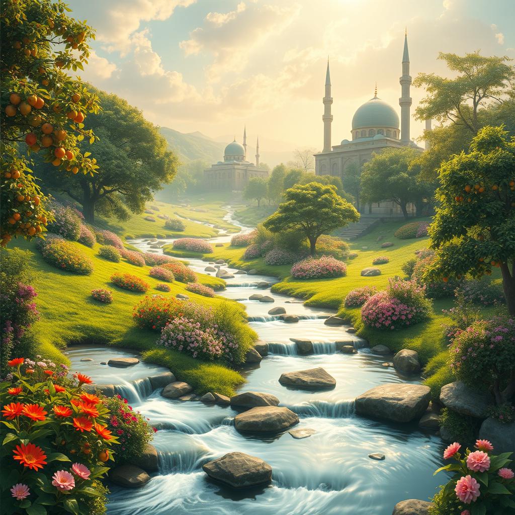 A serene and beautiful depiction of heaven according to Islamic beliefs, featuring lush gardens with flowing rivers