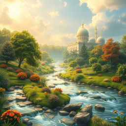 A serene and beautiful depiction of heaven according to Islamic beliefs, featuring lush gardens with flowing rivers