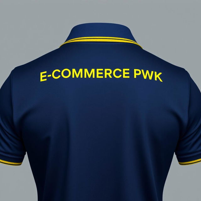 The image features the back of a navy polo shirt, highlighted with a yellow stripe along the collar