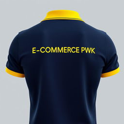 The image features the back of a navy polo shirt, highlighted with a yellow stripe along the collar