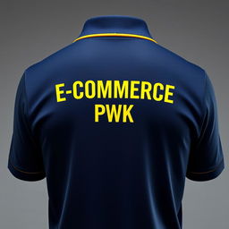 The image features the back of a navy polo shirt, highlighted with a yellow stripe along the collar