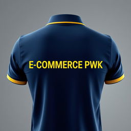 The image features the back of a navy polo shirt, highlighted with a yellow stripe along the collar