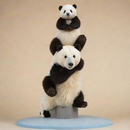 A playful, humorous scene of a polar bear balancing a panda on top of itself, and a brown bear on top of the panda, in a tottering tower of bear-types.