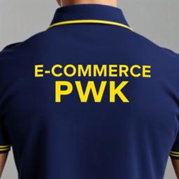 The image features the back of a navy polo shirt with a distinct yellow stripe along the collar