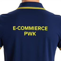 The image features the back of a navy polo shirt with a distinct yellow stripe along the collar