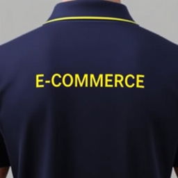 The image features the back of a navy polo shirt with a distinct yellow stripe along the collar