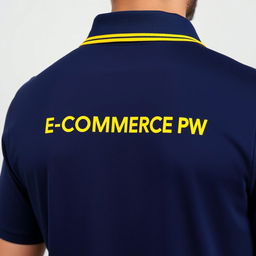 The image features the back of a navy polo shirt with a distinct yellow stripe along the collar