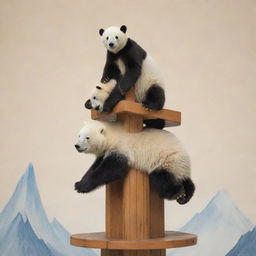 A playful, humorous scene of a polar bear balancing a panda on top of itself, and a brown bear on top of the panda, in a tottering tower of bear-types.