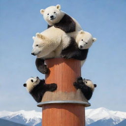 A playful, humorous scene of a polar bear balancing a panda on top of itself, and a brown bear on top of the panda, in a tottering tower of bear-types.