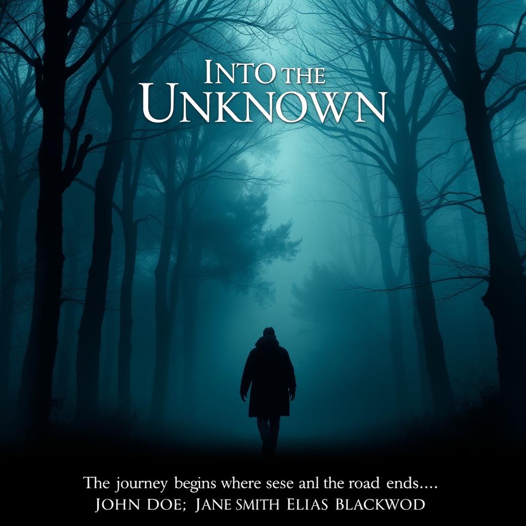 A captivating and dramatic movie poster featuring a mysterious silhouette walking into a foggy forest