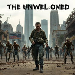 A chilling post-apocalyptic scene depicting a world ravaged by the zombie apocalypse titled 'THE UNWELCOMED'