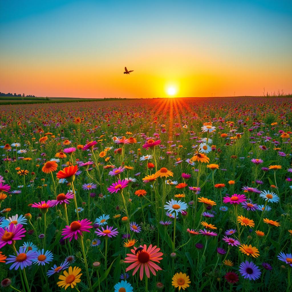 A lush, abundant field filled with a variety of colorful wildflowers, stretching as far as the eye can see, with bees and butterflies dancing around them under a clear blue sky