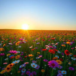 A lush, abundant field filled with a variety of colorful wildflowers, stretching as far as the eye can see, with bees and butterflies dancing around them under a clear blue sky