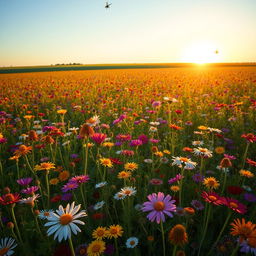 A lush, abundant field filled with a variety of colorful wildflowers, stretching as far as the eye can see, with bees and butterflies dancing around them under a clear blue sky