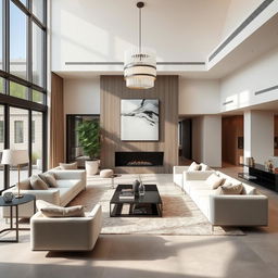 A luxurious and modern living room interior design featuring elegant furniture, minimalist decor, and an open-concept layout