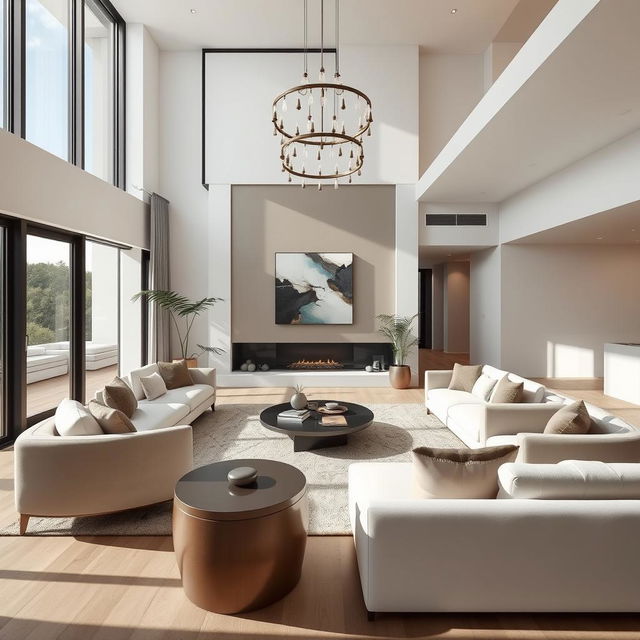 A luxurious and modern living room interior design featuring elegant furniture, minimalist decor, and an open-concept layout