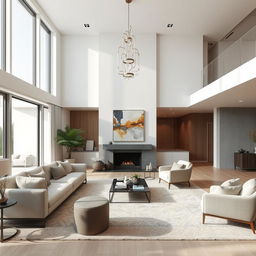 A luxurious and modern living room interior design featuring elegant furniture, minimalist decor, and an open-concept layout