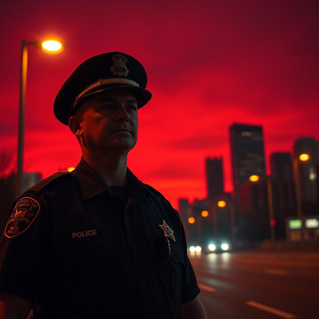 A police officer stands under the deep red sky of a crimson night, reflecting the warm hues of dusk across the scene