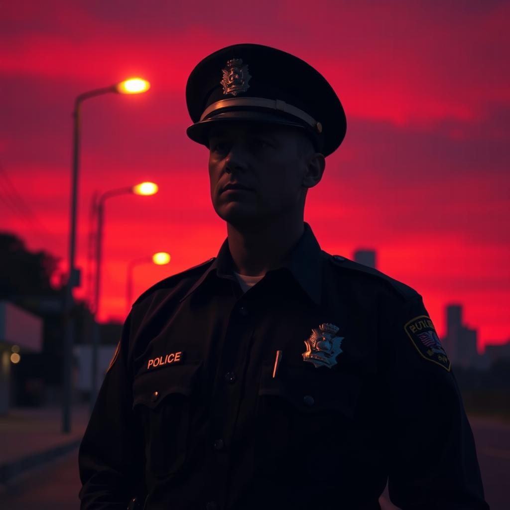 A police officer stands under the deep red sky of a crimson night, reflecting the warm hues of dusk across the scene