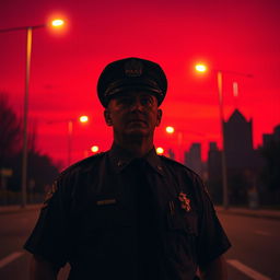 A police officer stands under the deep red sky of a crimson night, reflecting the warm hues of dusk across the scene