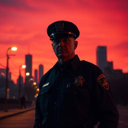 A police officer stands under the deep red sky of a crimson night, reflecting the warm hues of dusk across the scene